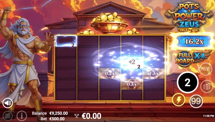 Pots of Power: Zeus – žaidimo ekranas bonuso režime